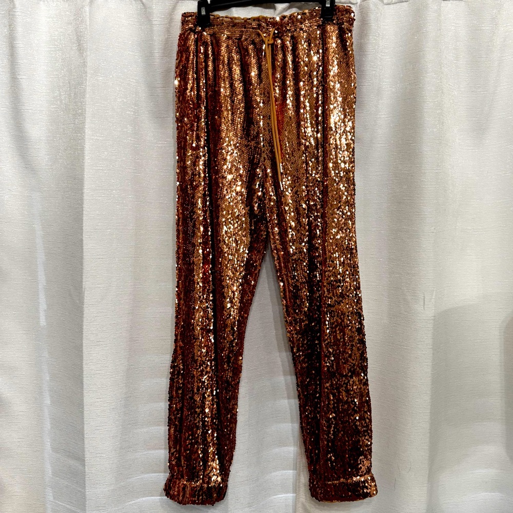 VICI x Emily Travis Sequin Joggers • Rose Gold • Fully Lined • NWOT
